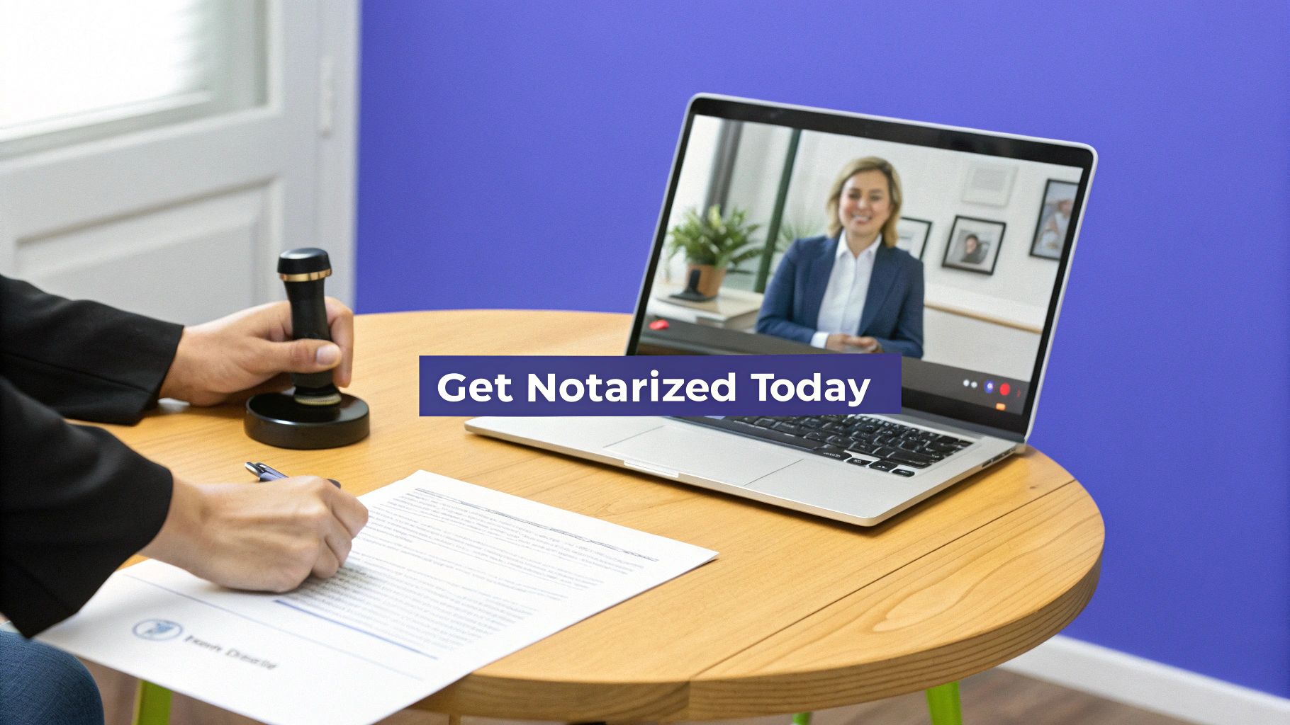 Person signing a document and holding a notary stamp during an online notarization session on a laptop.