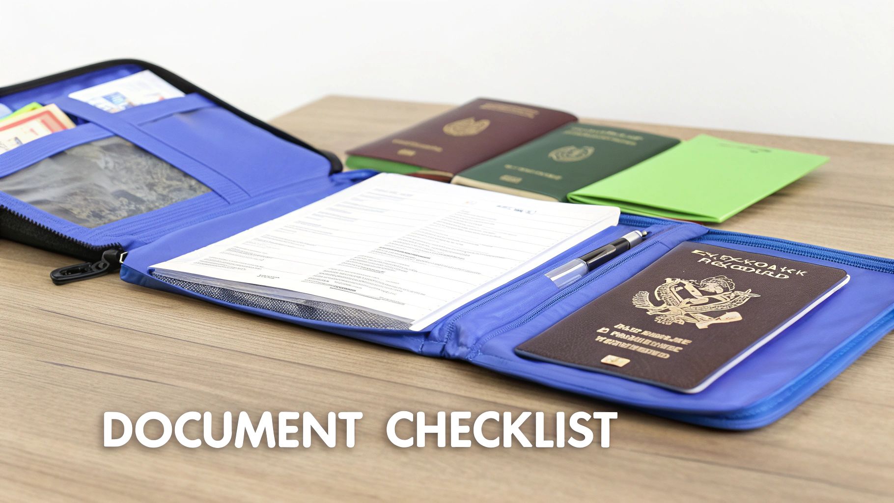 A blue travel document organizer open on a wooden table, showing papers, a pen, and a passport.