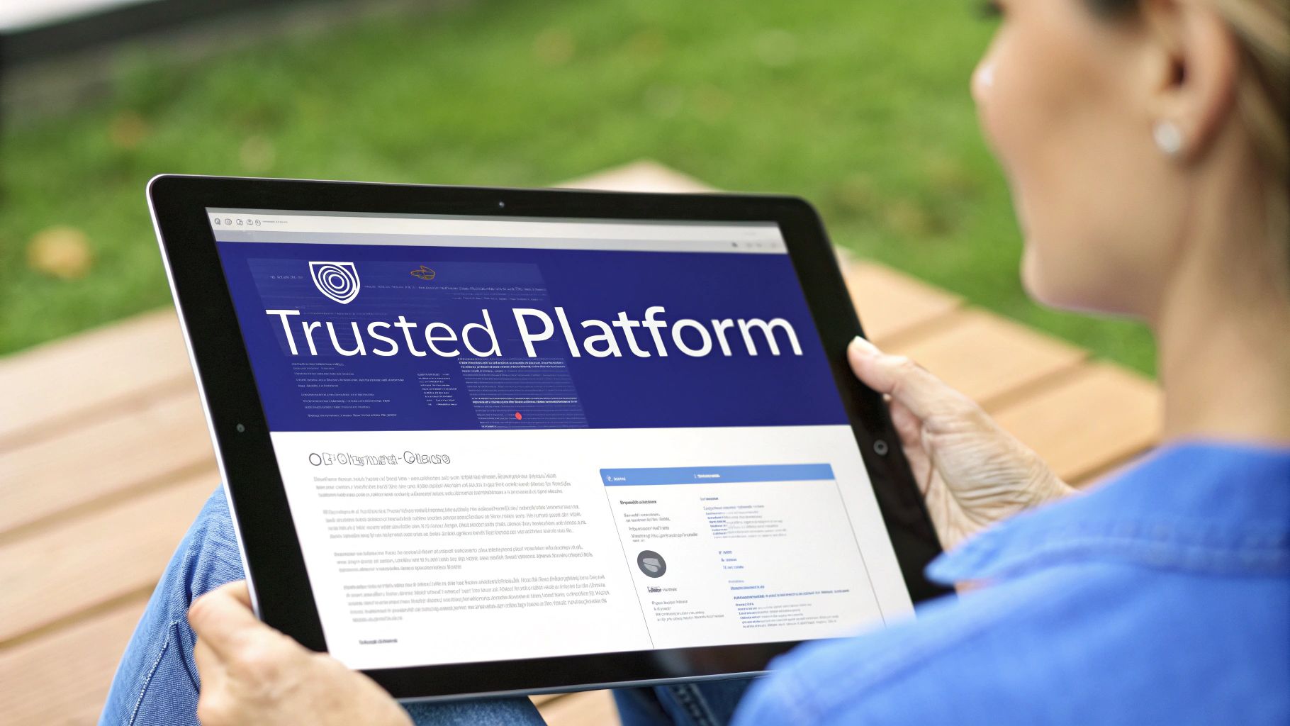 A person comparing different online notary platforms on a laptop, with security shields and checkmarks indicating positive features.