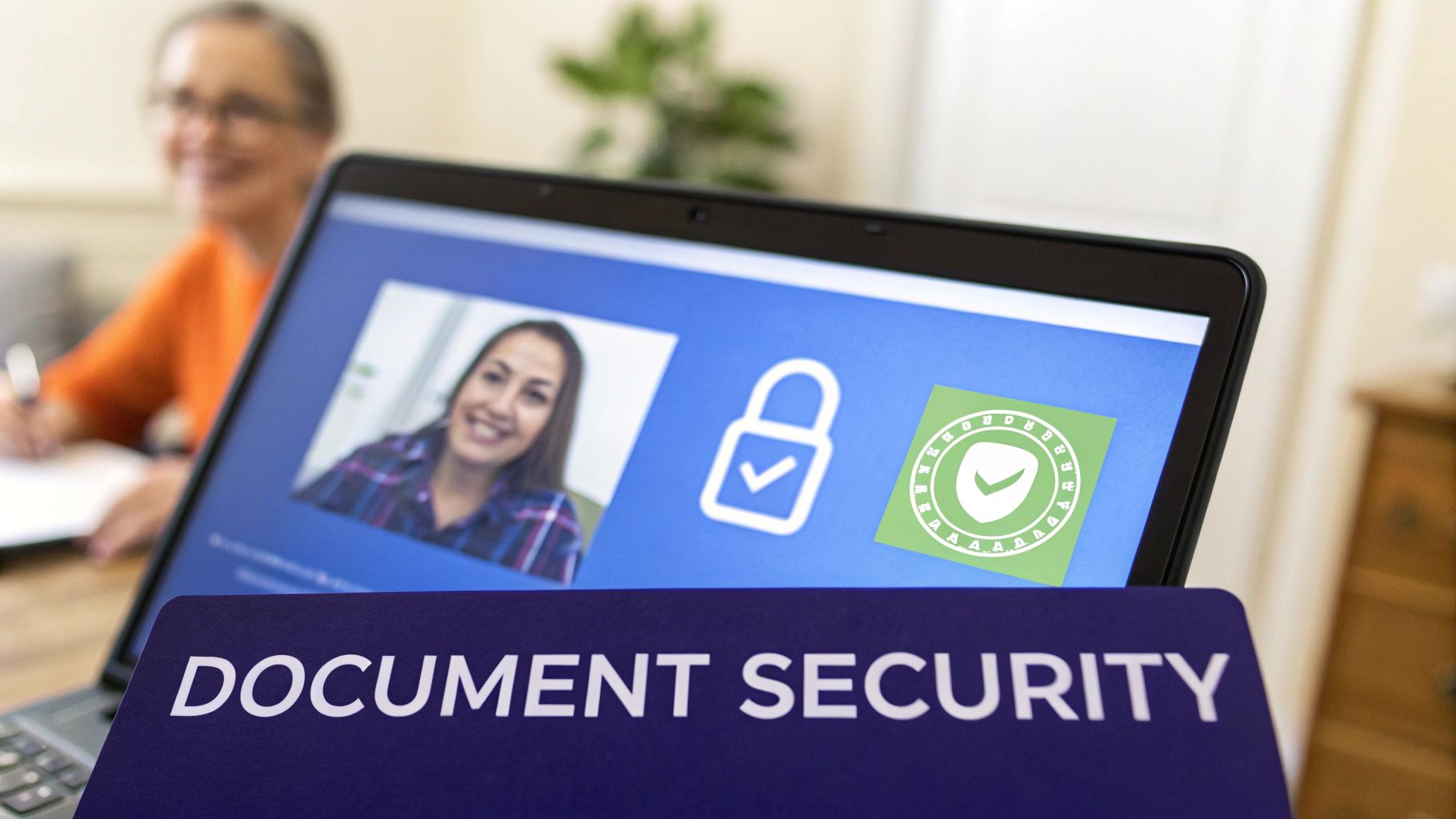 A digital padlock icon overlaid on a document, symbolizing robust security protocols for remote online notarization.