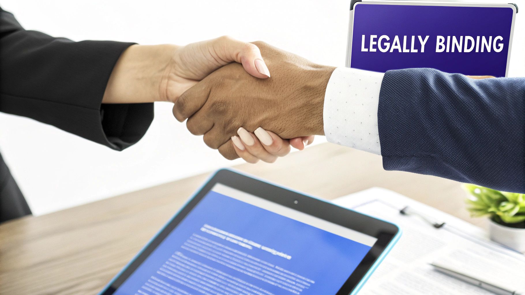 A person signing a legal document on a tablet with a stylus, symbolizing a modern agreement.