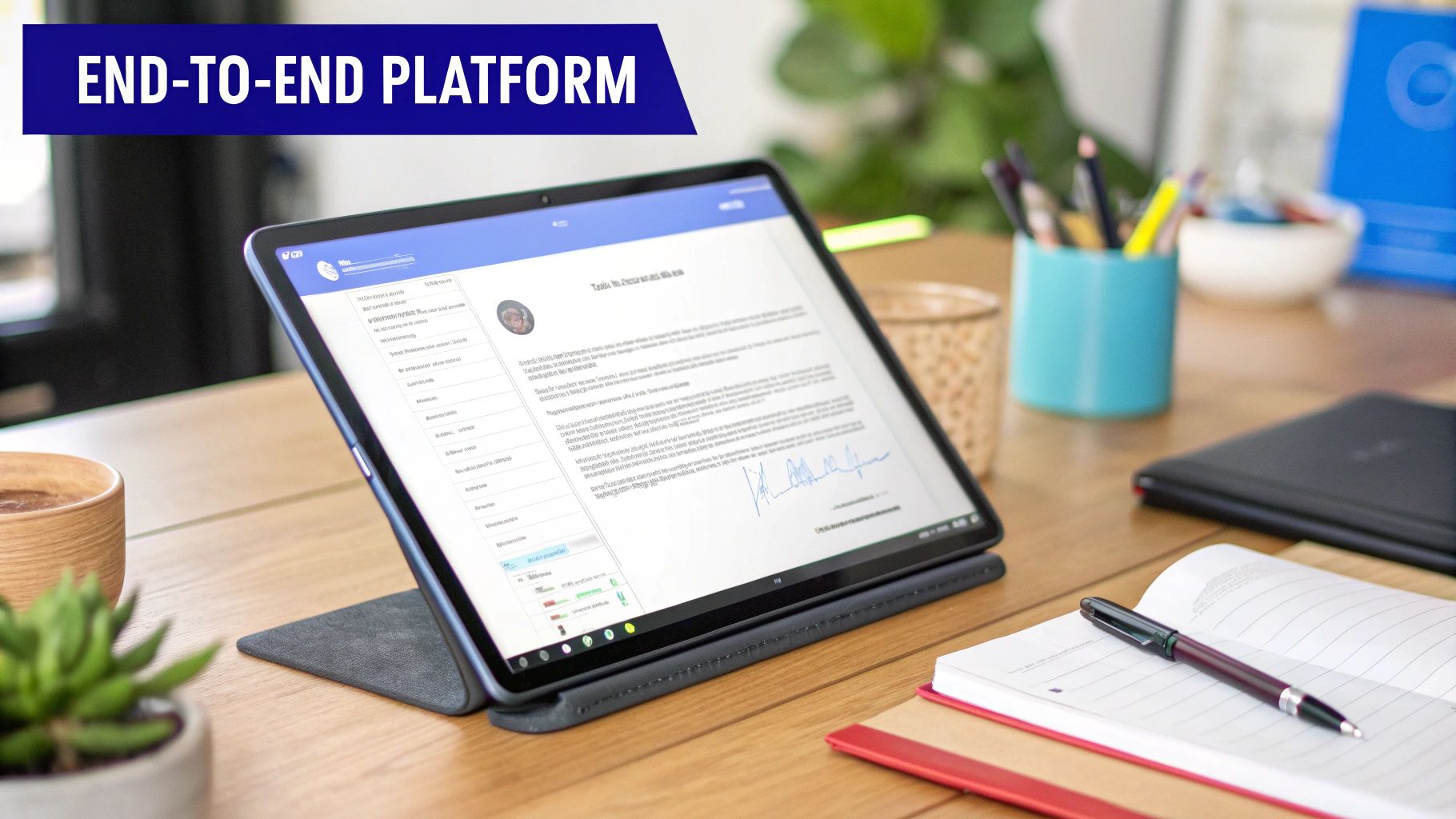 A tablet displaying a digital document with a signature on a wooden desk, signifying an end-to-end platform.