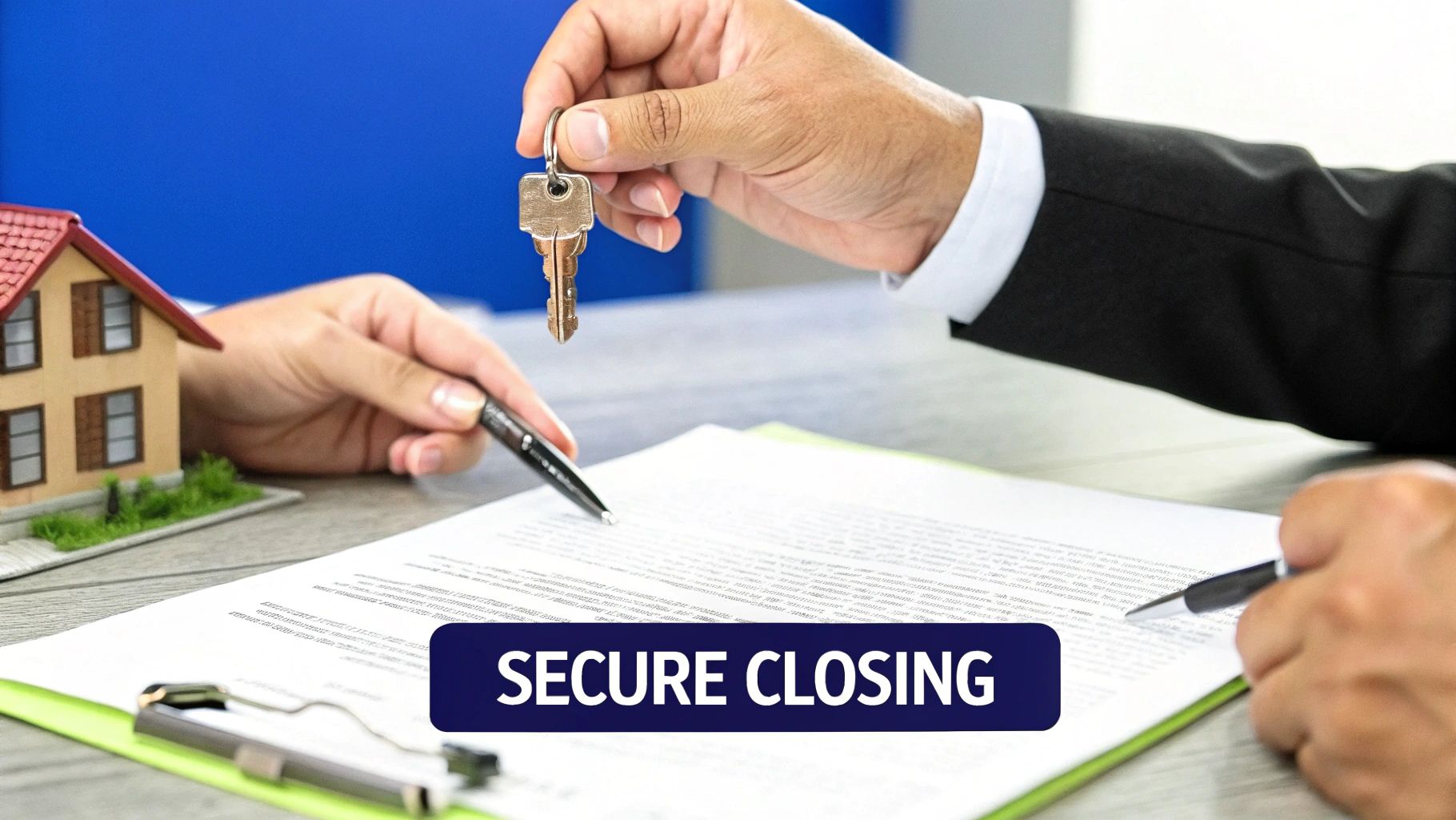 Hands exchanging house keys over a contract with a miniature house, symbolizing a secure closing.