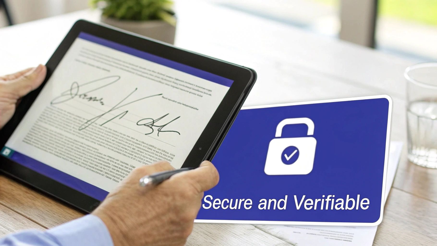 A stylized padlock icon integrated with a signature line, representing the security of electronic signatures.