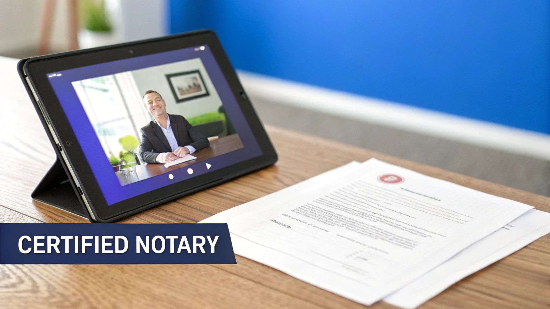 A tablet displays a man on a video call for online notarization, with documents and a 'Certified Notary' banner.