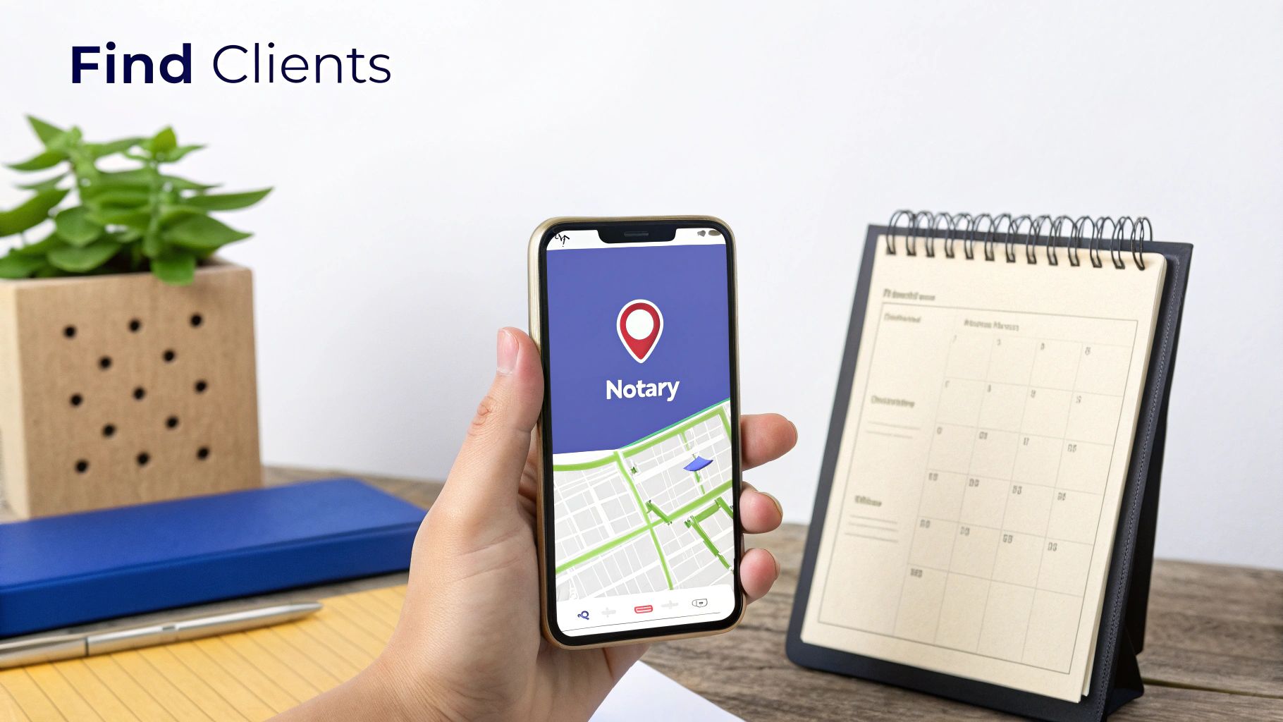 A person at a desk with a magnifying glass, looking at a document next to a notary seal.