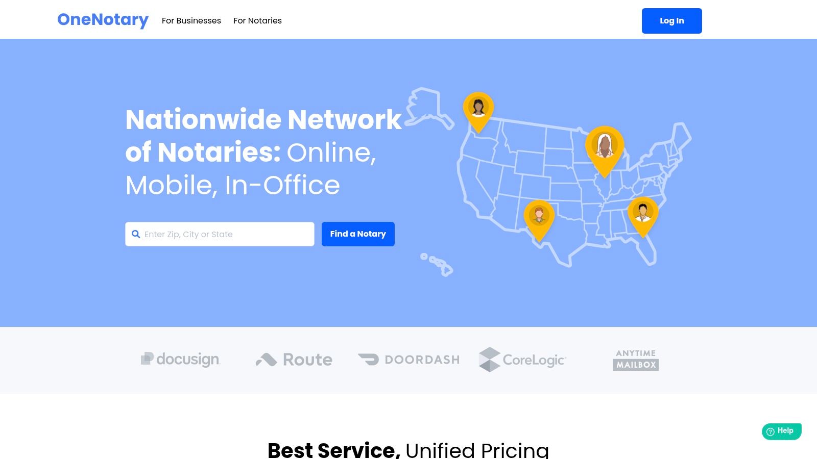 OneNotary platform homepage showcasing its notarization services