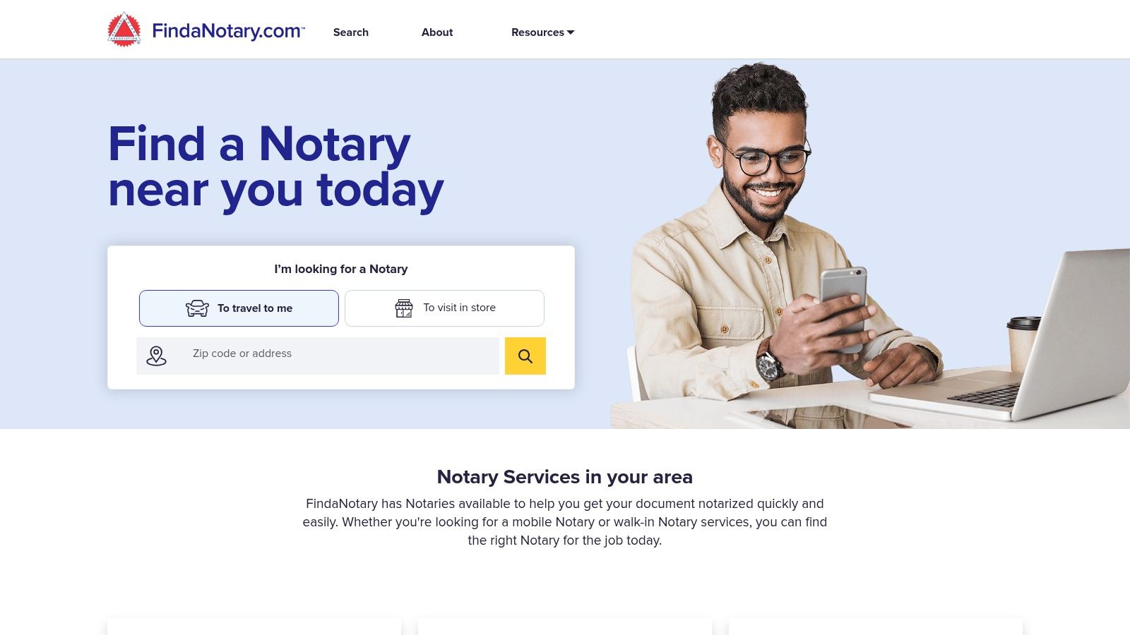 FindaNotary.com platform showing the search functionality for finding a notary
