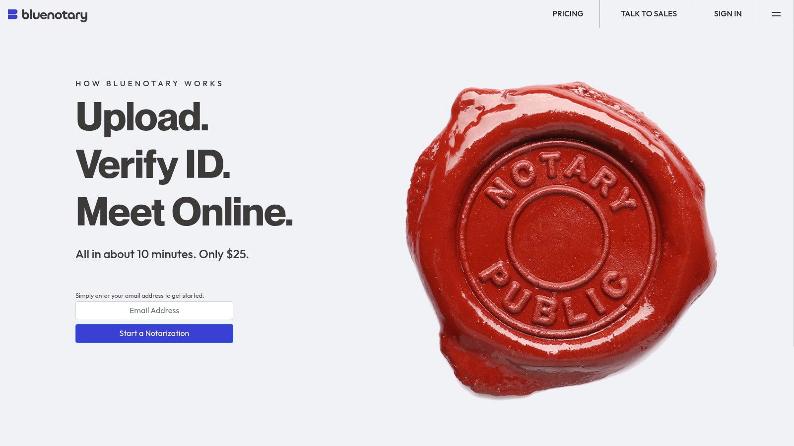 BlueNotary platform showing an online notarization session in progress