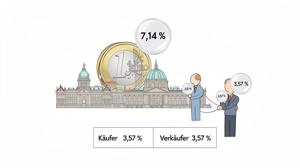 Illustration der Maklerprovision von 7,14 %, aufgeteilt zwischen Käufer und Verkäufer mit jeweils 3,57 %.