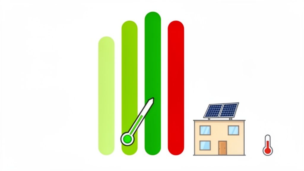 Haus mit Solarpaneelen, Balkendiagramm und Temperaturanzeige für Energieeffizienz und Heizung.