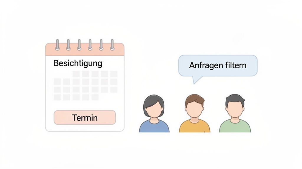 Illustration eines Kalenders für Wohnungsbesichtigungen mit Button „Termin“ und Personen, die Anfragen filtern.
