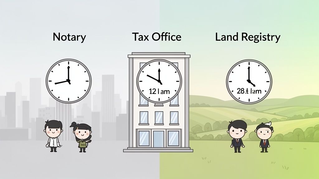 Illustration von Notar, Finanzamt und Grundbuchamt mit Uhren, die den Zeitaufwand für den Verwaltungsprozess darstellen.
