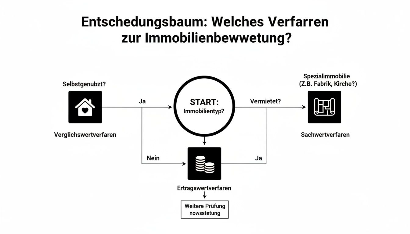 Entscheidungsbaum zur Immobilienbewertung zeigt, welches Verfahren basierend auf Immobilientyp, Nutzung und Vermietung zu wählen ist.