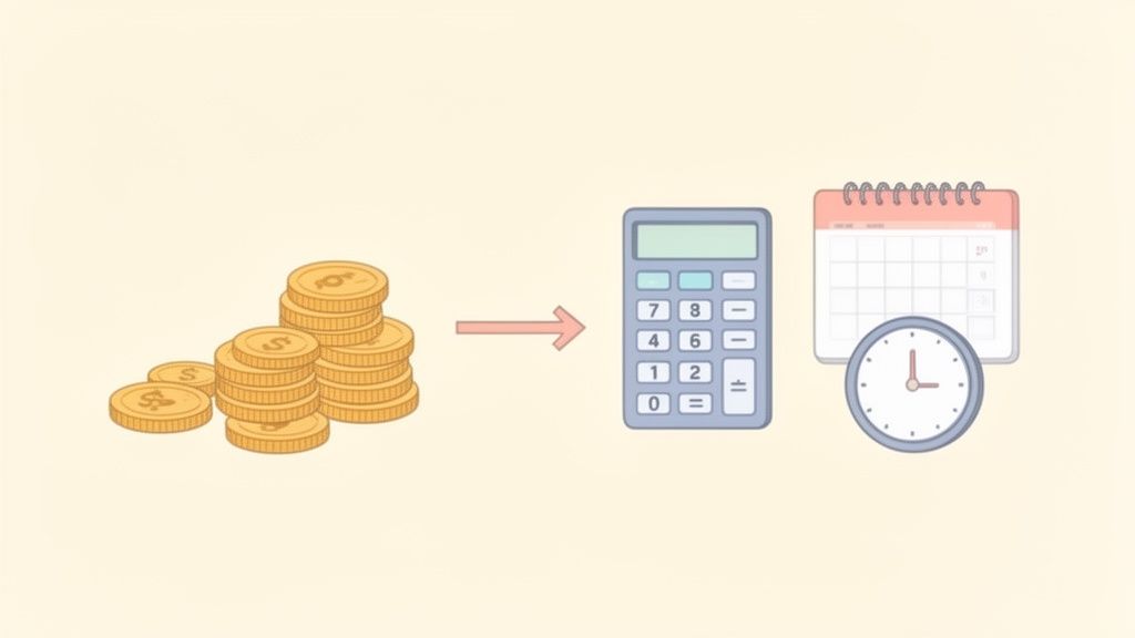 Illustration von Geldmünzen, einem Taschenrechner, Kalender und Uhr zur Darstellung finanzieller Berechnungen und Zeit.