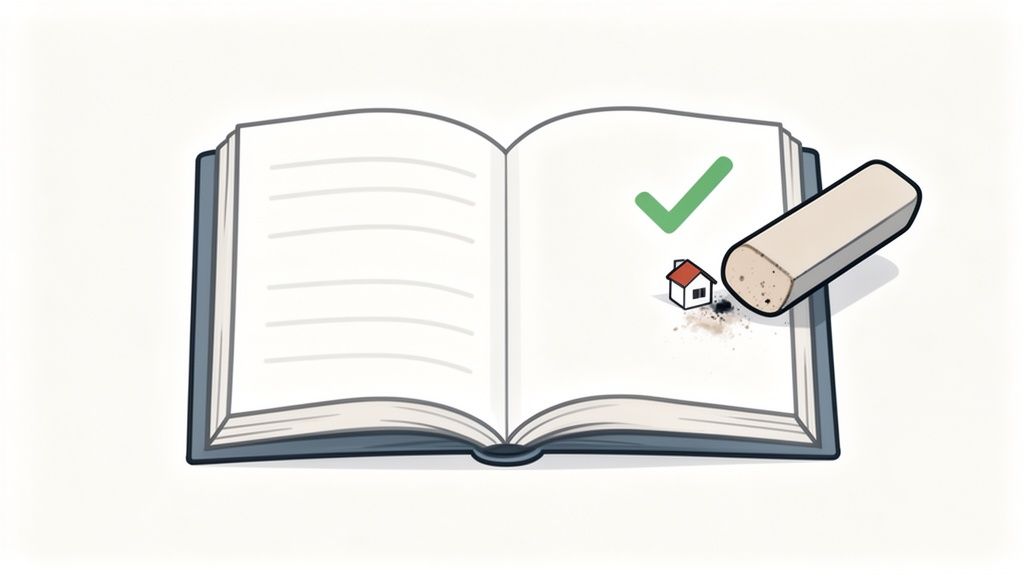 Ein offenes Buch zeigt ein Haus, einen Haken und einen Radiergummi, der Spuren entfernt.