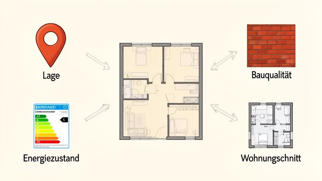 Ein Grundriss umgeben von Faktoren wie Lage, Bauqualität, Energiezustand und Wohnungsschnitt, die den Immobilienwert beeinflussen.