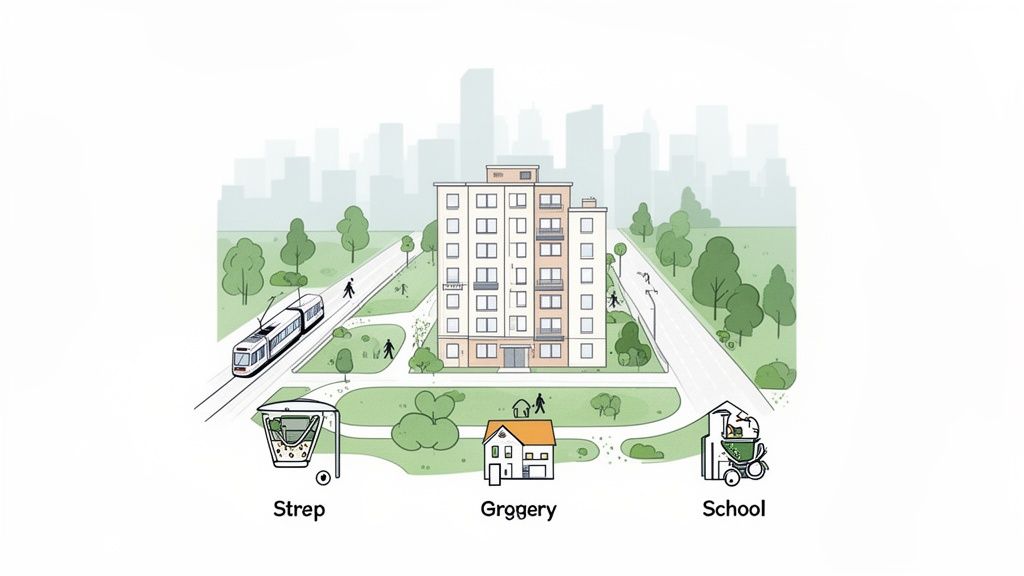 Stadtansicht mit einem Mehrfamilienhaus, Straßen, einer Straßenbahn und Symbolen für Alltagseinrichtungen wie Schule.