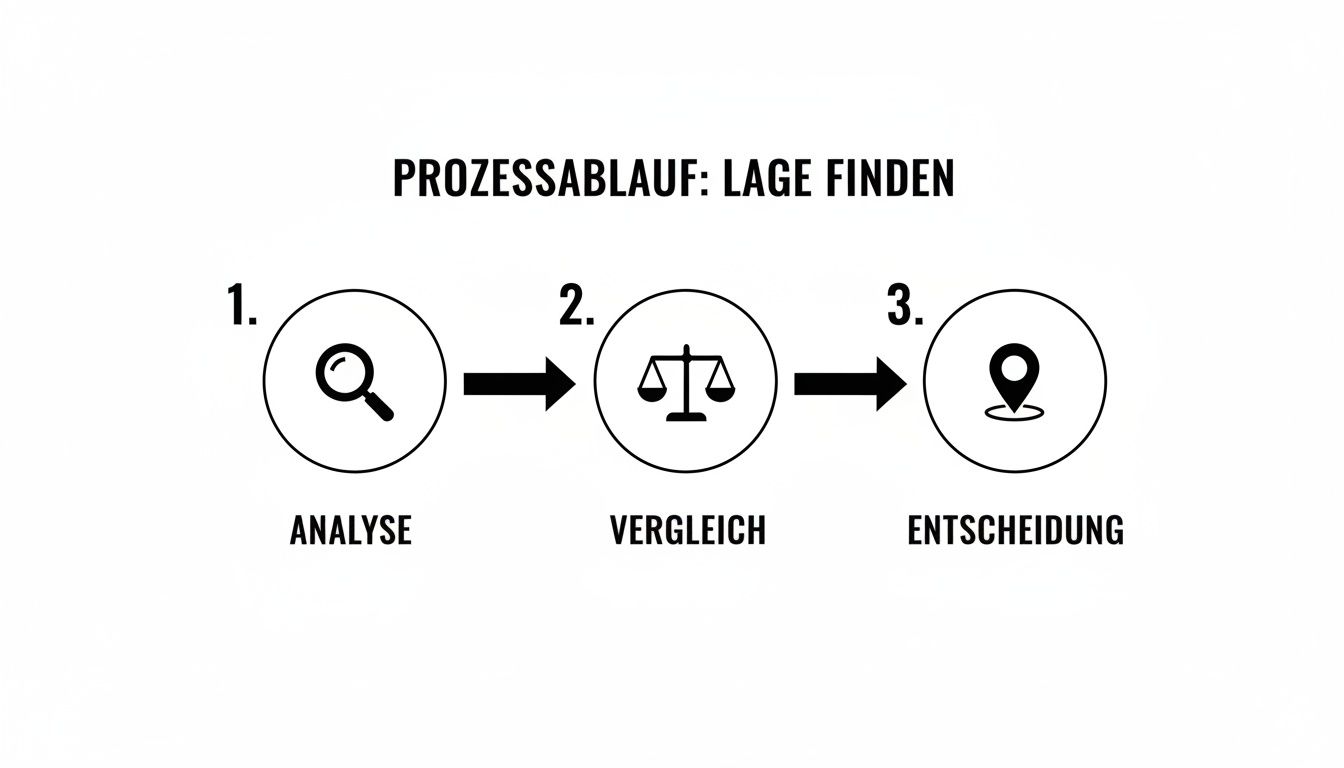 Infografik: Prozessablauf zur Standortfindung mit drei Schritten – Analyse, Vergleich und Entscheidung.