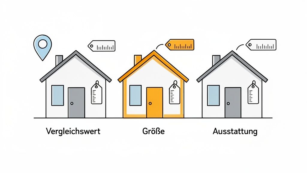 Grafik erklärt Hauswertermittlung basierend auf Vergleichswert, Größe und Ausstattung mit drei Häusern.