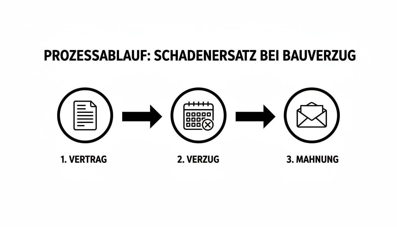 Prozessablauf-Infografik zu Schadenersatz bei Bauverzug mit Schritten wie Vertrag, Verzug und Mahnung.