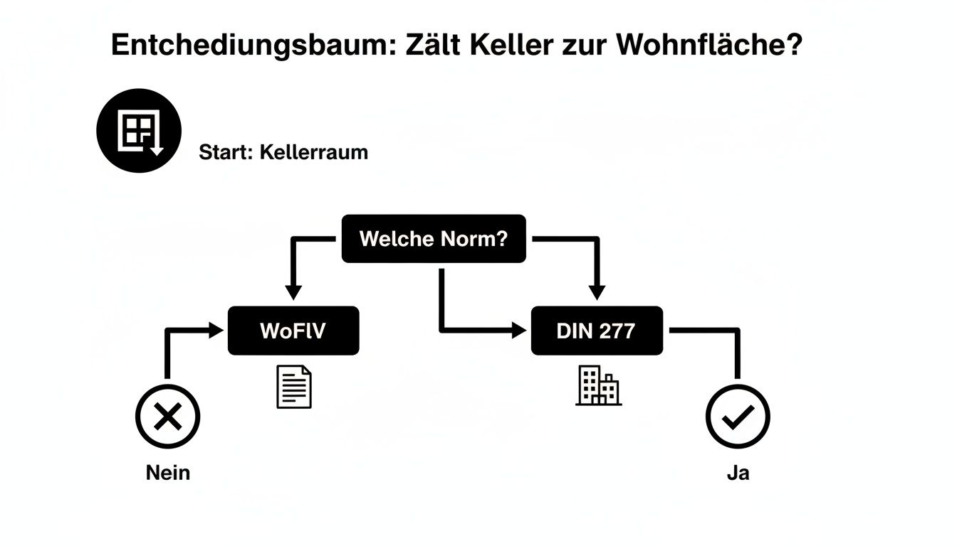 Ein Entscheidungsbaum, der visuell darstellt, ob ein Kellerraum zur Wohnfläche zählt, basierend auf WoFLV oder DIN 277.