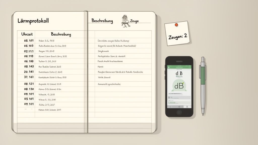 Ein offenes Notizbuch mit einem Lärmprotokoll, Uhrzeiten und Beschreibungen, daneben ein Smartphone mit Dezibel-App und ein Stift.
