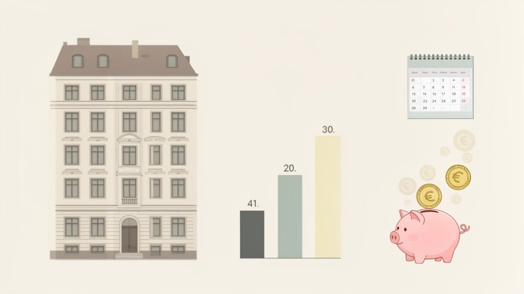 Illustration eines Gebäudes, eines Balkendiagramms, eines Kalenders und eines Sparschweins mit Euromünzen, die Finanzen und Immobilien darstellen.