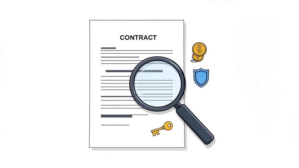 Ein Vertrag wird mit einer Lupe geprüft, daneben sind Münzen, ein Schild und ein Schlüssel.