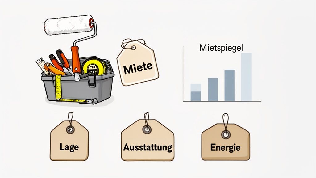 Illustration von Werkzeugen, Preisschildern für Miete, Lage, Ausstattung, Energie und einem Mietspiegel-Diagramm.