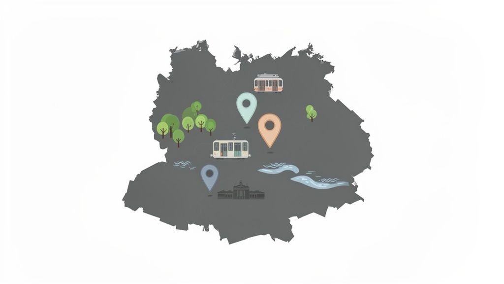 Eine illustrierte Karte von Deutschland mit Bäumen, Bahnen, Flüssen und markierten Orten.