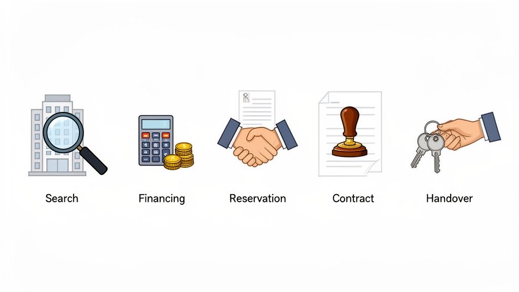 Visualisierung der Schritte zum Immobilienkauf: Suche, Finanzierung, Reservierung, Vertrag und Schlüsselübergabe.