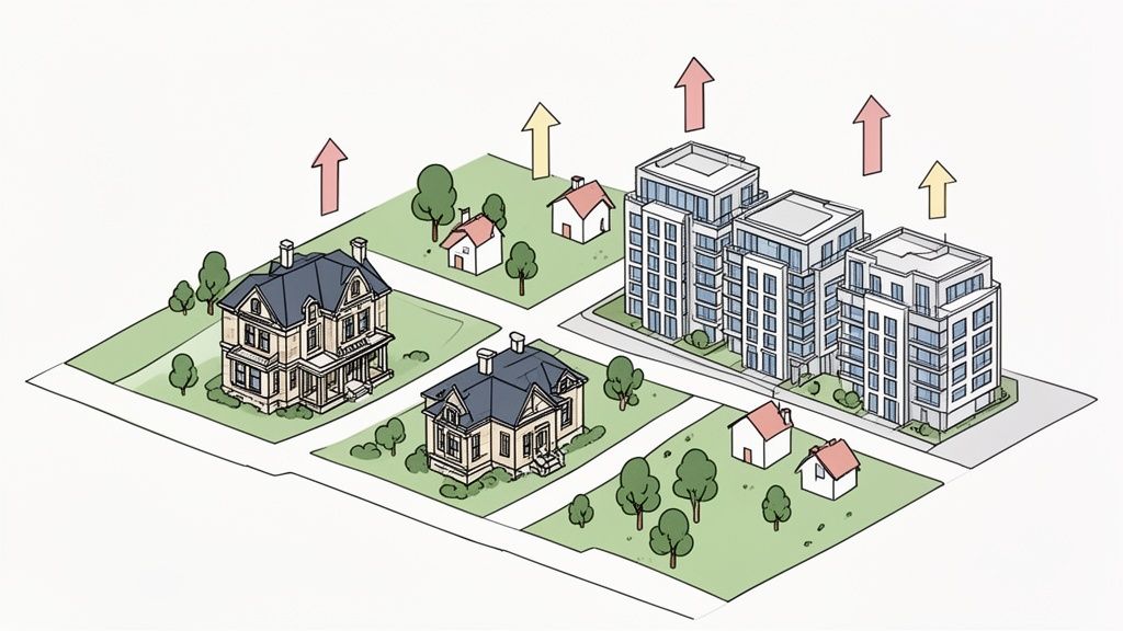 Illustration einer Wohngegend mit verschiedenen Haustypen und Wohnblöcken, die durch Pfeile Wertsteigerung andeuten.