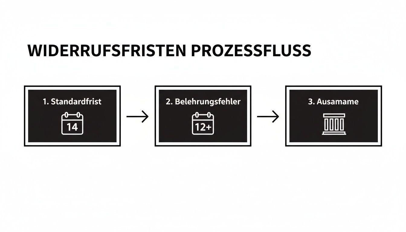 Prozessflussdiagramm zum Widerrufsrecht, das Standardfristen, Belehrungsfehler und Ausnahmen darstellt.