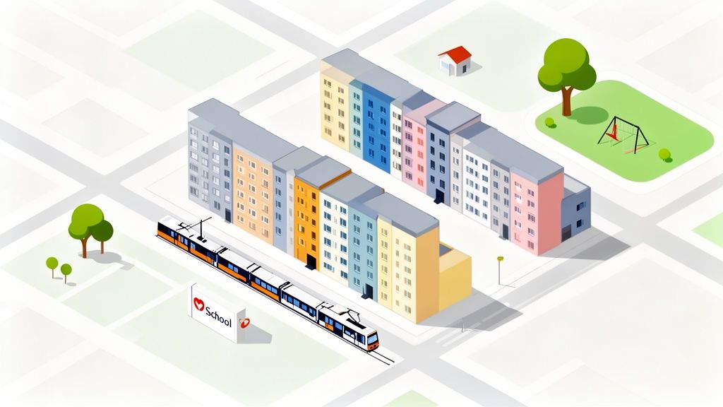 Isometrische Karte einer Stadt mit Wohngebäuden, Tram, Spielplatz, Bäumen und Schule.