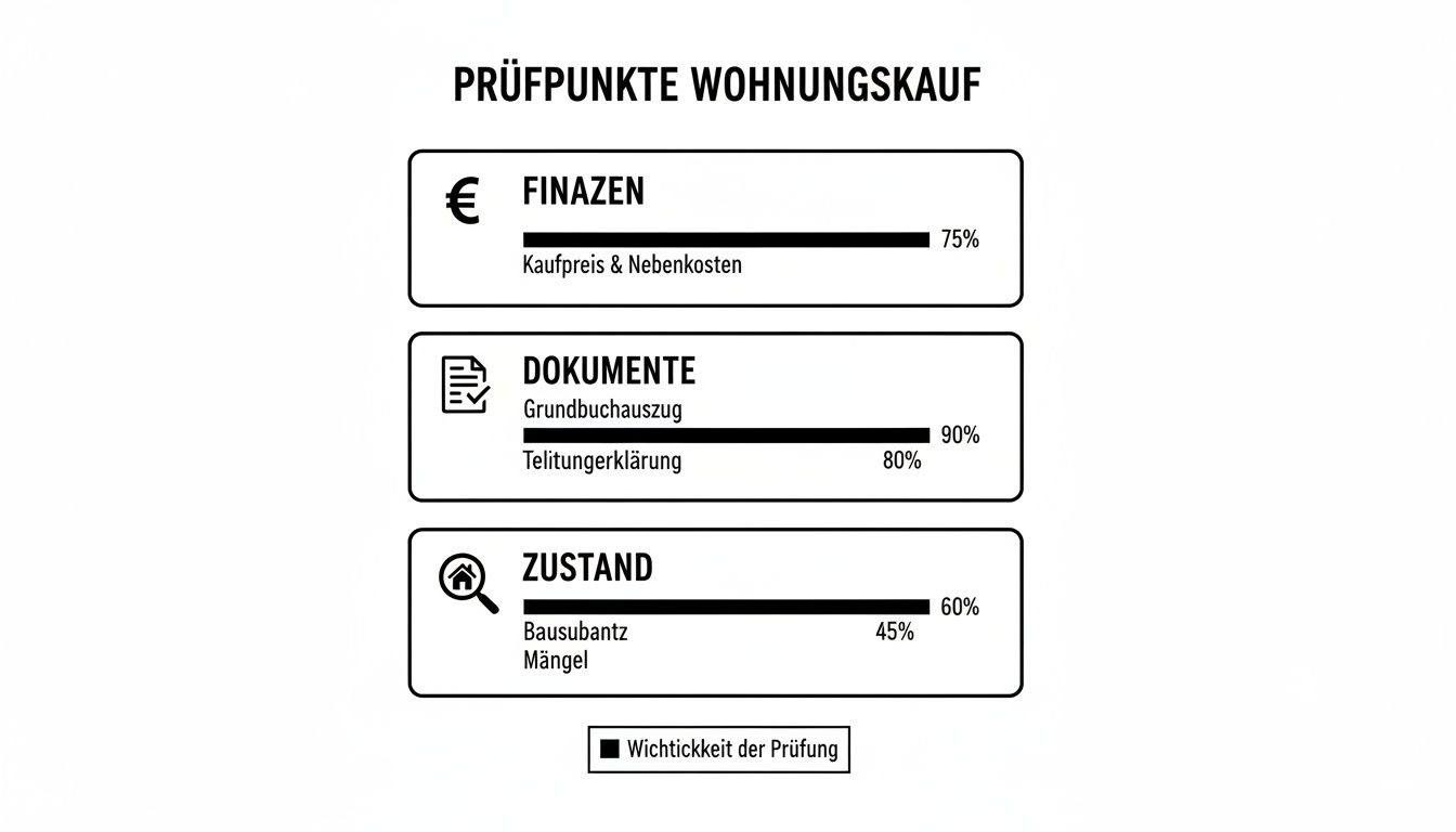 Infografik: Prüfpunkte und deren Wichtigkeit beim Wohnungskauf, inklusive Finanzen, Dokumente und Zustand.