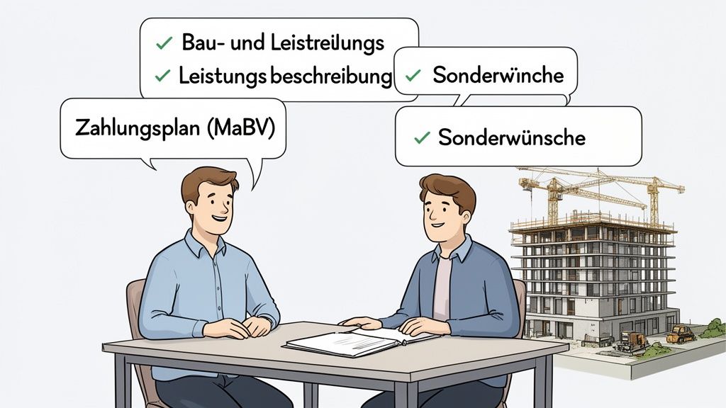 Zwei Männer besprechen Baupläne und Sonderwünsche an einem Tisch vor einer Baustelle.