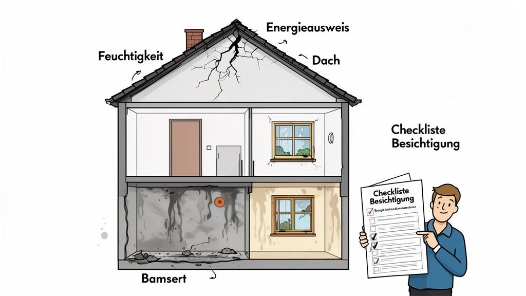 Querschnitt eines Hauses mit Schäden (Feuchtigkeit, Risse), Energieausweis und einer Besichtigungs-Checkliste.