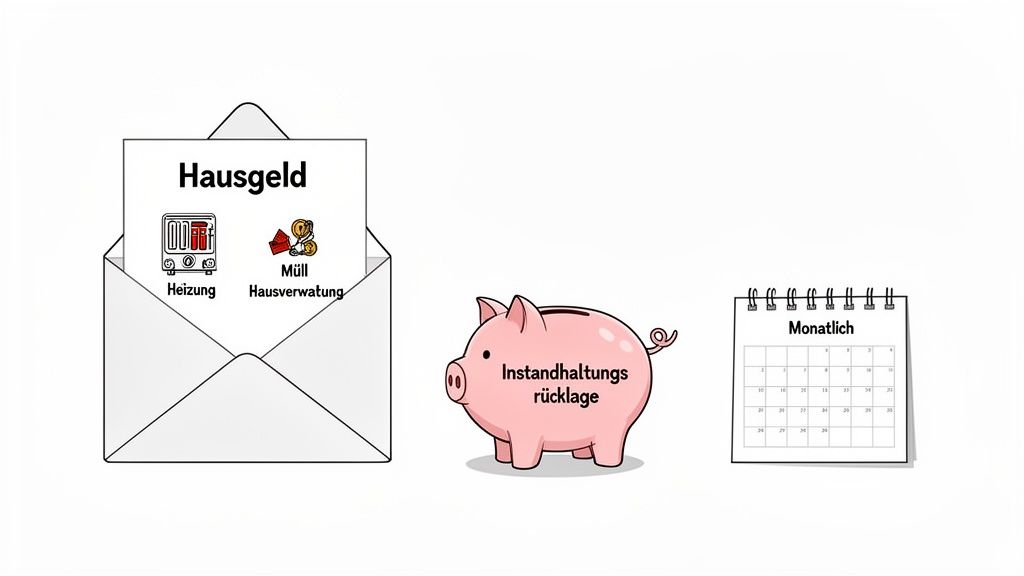 Ein weißer Umschlag mit „Hausgeld“ (Heizung, Müll, Hausverwaltung), einer Spardose „Instandhaltungsrücklage“ und einem Monatskalender.