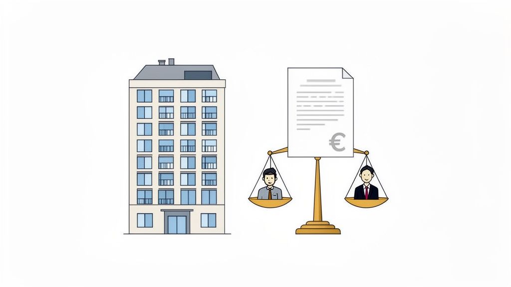 Illustration: Wohnhaus, Waage mit zwei Männern, Vertrag und Euro-Symbol, symbolisiert Immobiliengeschäfte.