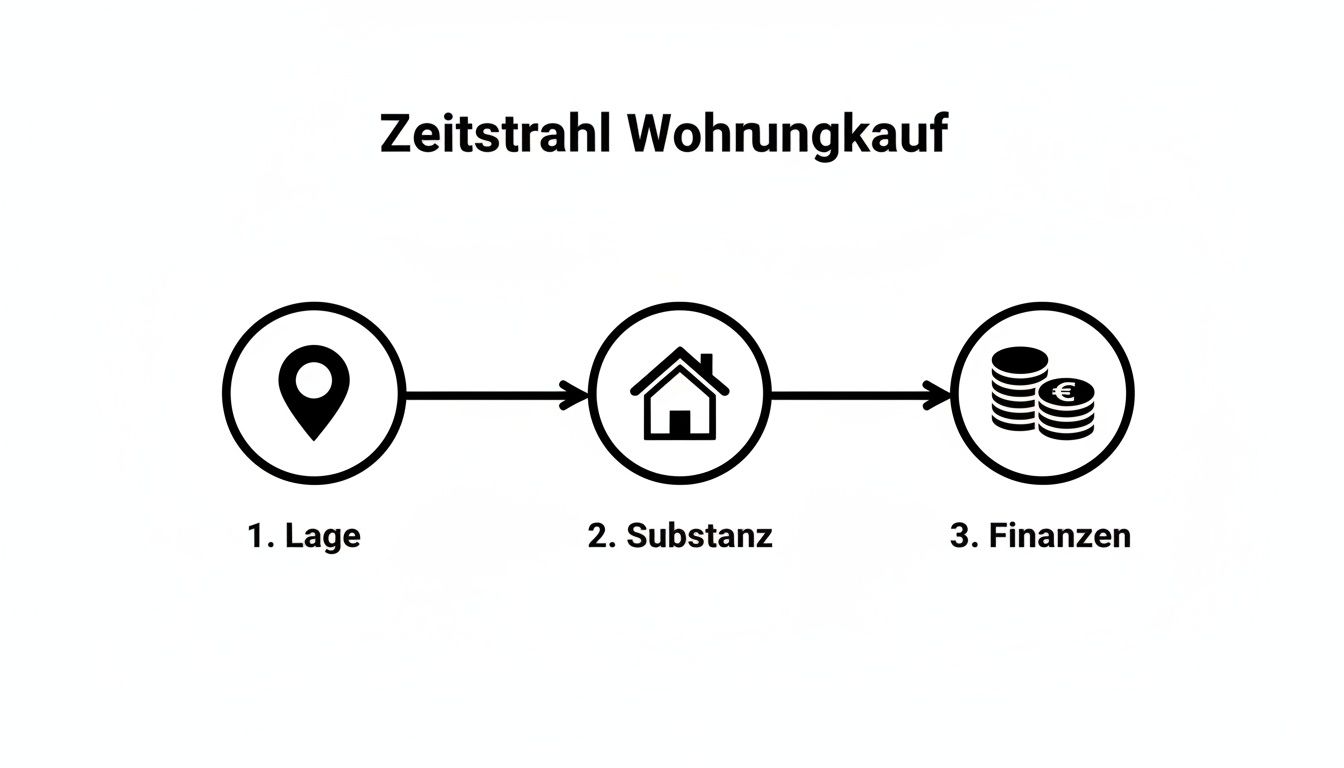 Ein Zeitstrahl visualisiert die drei Schritte beim Wohnungskauf: Lage, Substanz und Finanzen, dargestellt mit Icons.