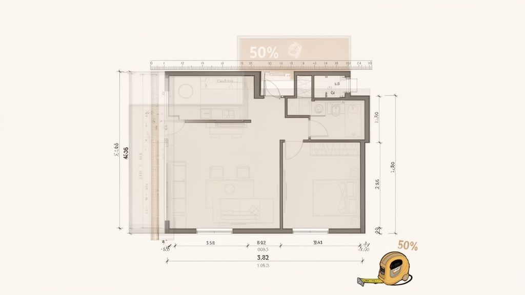 Detaillierter Grundriss einer Eigentumswohnung mit genauen Maßen, Planungsrastern und Messwerkzeugen dargestellt.