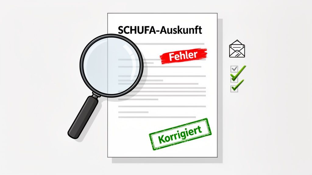 Eine SCHUFA-Auskunft wird mit einer Lupe auf Fehler überprüft und korrigiert. Grüne Haken bestätigen die erfolgreiche Korrektur.