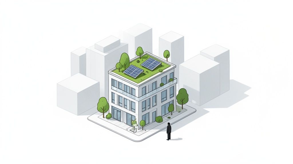 Modernes Wohngebäude mit Solarpaneelen und begrüntem Dach als Beispiel für nachhaltige Stadtentwicklung.