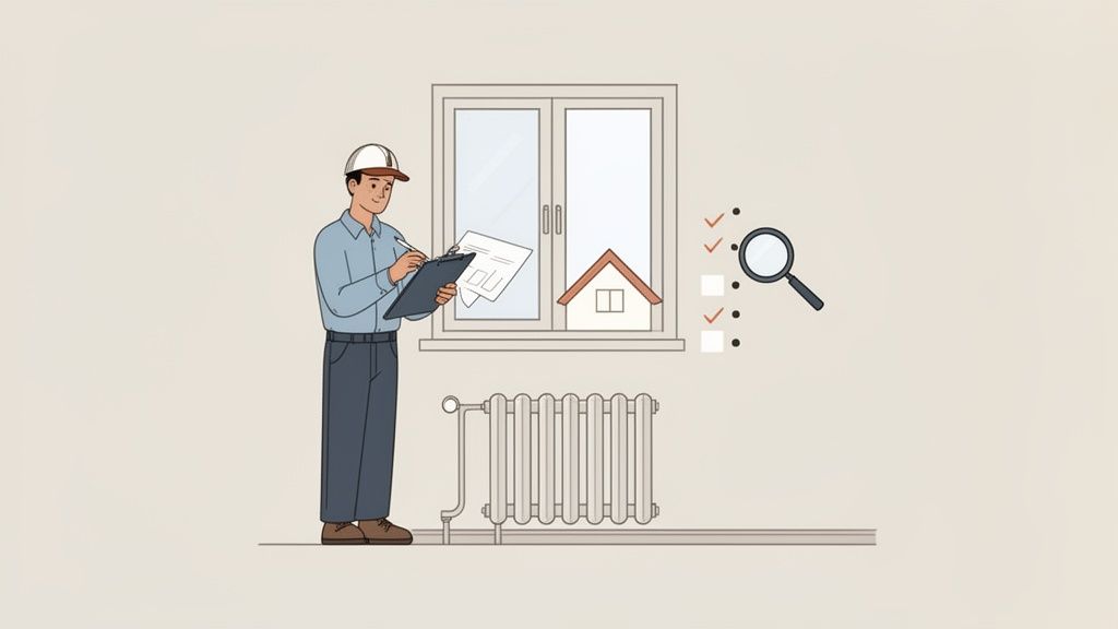 Ein Gutachter in einem Haus bewertet die Energieeffizienz mit Checkliste und Lupe.