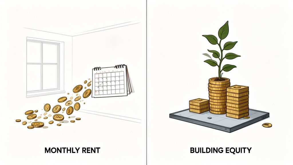 Monatliche Miete (Geld geht verloren) im Kontrast zum Aufbau von Eigenkapital (Geld wächst wie eine Pflanze).