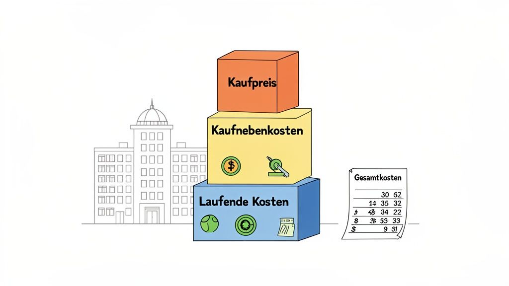 Grafische Darstellung der Gesamtkosten für eine Immobilie: Kaufpreis, Kaufnebenkosten und laufende Kosten.