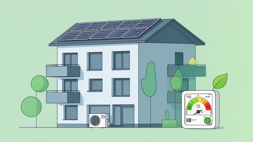 Modernes Wohnhaus mit Solarmodulen auf dem Dach und einem grünen Energieeffizienz-Messgerät.