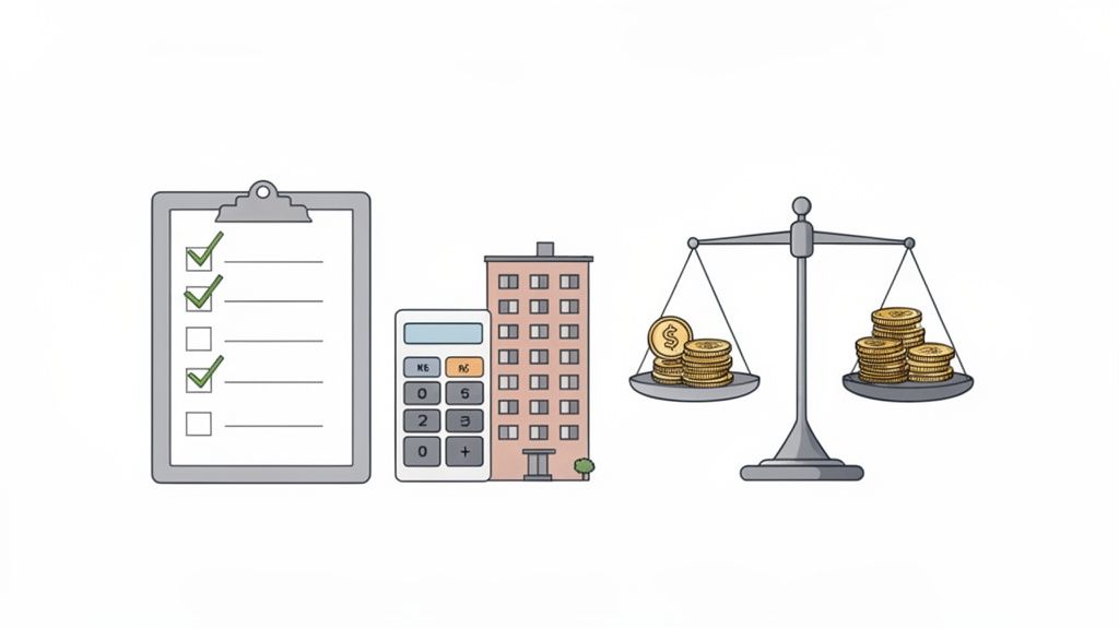 Checkliste, Rechner und Gebäudemodell neben einer Waage mit Münzen, die Immobilienrendite berechnen.