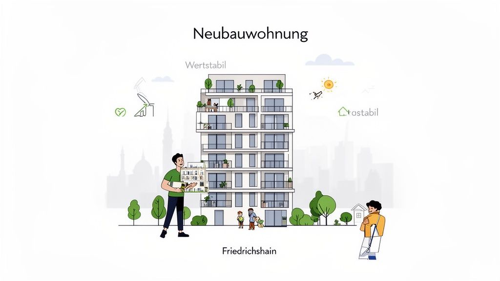 Moderne Neubauwohnung in Friedrichshain, Berlin, umgeben von Grünflächen und Stadtlandschaft, symbolisiert Wertstabilität.